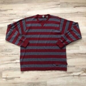 Timberland Men's Long Sleeve Gray and Red Striped Tee